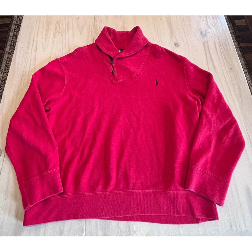 Polo Ralph Lauren Mens XXL Red Cotton Shawl Neck Button Pullover Sweater Logo